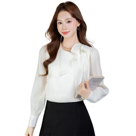FA54387# 荷叶边蝴蝶结飘带雪纺衬衫女春季新款法式气质长袖百搭  服裝批發女裝批發服飾貨源
