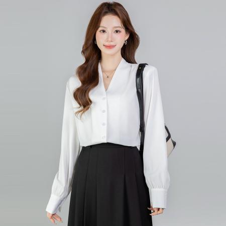 FA54388# 春季新款百搭V领单排扣长袖衬衫女上衣春  服裝批發女裝批發服飾貨源