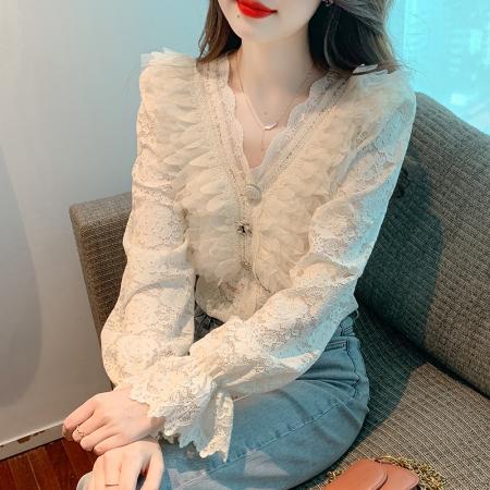 FA54389# 春季新款百搭显瘦V领长袖蕾丝衬衫女上衣内搭打底衫  服裝批發女裝批發服飾貨源