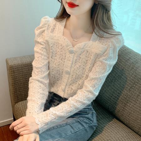 FA54390# 春季款韩版百搭方领长袖蕾丝衫打底衫女春季内搭  服裝批發女裝批發服飾貨源