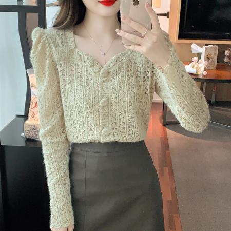 FA54390# 春季款韩版百搭方领长袖蕾丝衫打底衫女春季内搭  服裝批發女裝批發服飾貨源