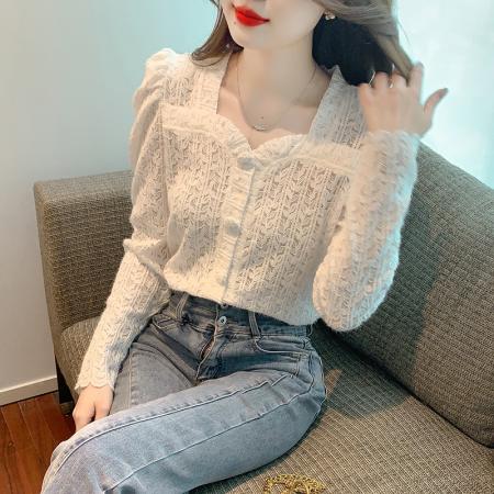 FA54390# 春季款韩版百搭方领长袖蕾丝衫打底衫女春季内搭  服裝批發女裝批發服飾貨源