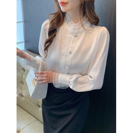 FA54391# 春装新款韩版百搭立领拼接长袖衬衫女上衣小衫  服裝批發女裝批發服飾貨源