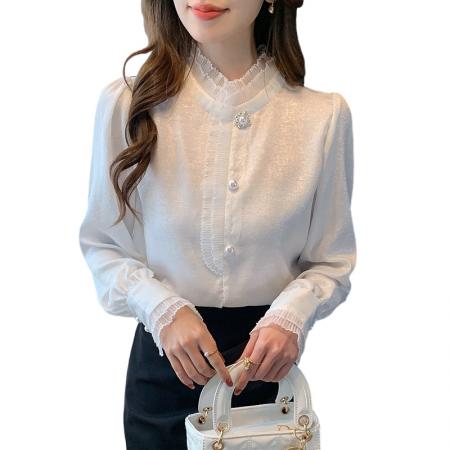 FA54391# 春装新款韩版百搭立领拼接长袖衬衫女上衣小衫  服裝批發女裝批發服飾貨源