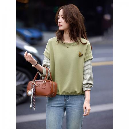 FA54392# 别致显瘦小个子上衣春季圆领拼接假两件套头卫衣  服裝批發女裝批發服飾貨源