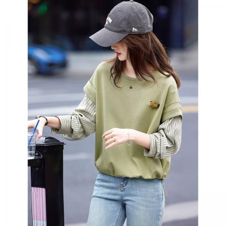 FA54392# 别致显瘦小个子上衣春季圆领拼接假两件套头卫衣  服裝批發女裝批發服飾貨源