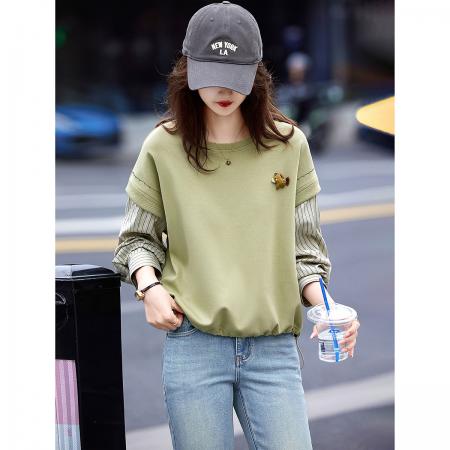 FA54392# 别致显瘦小个子上衣春季圆领拼接假两件套头卫衣  服裝批發女裝批發服飾貨源