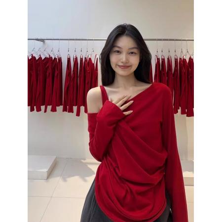 FA54394# 设计感红色不规则斜肩长袖t恤女秋冬季中长款宽松可外穿内搭上衣  服裝批發女裝批發服飾貨源