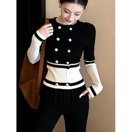 FA54395# 独特漂亮假两件黑色小衫打底毛衣女装秋冬双排扣针织衫洋气上衣服  服裝批發女裝批發服飾貨源