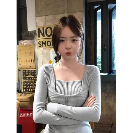 FA54396# 灰色假两件方领厚毛衣巨好看的冬装内搭打底衫短款修身针织上衣女  服裝批發女裝批發服飾貨源