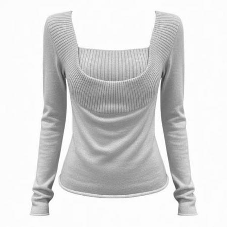 FA54396# 灰色假两件方领厚毛衣巨好看的冬装内搭打底衫短款修身针织上衣女  服裝批發女裝批發服飾貨源