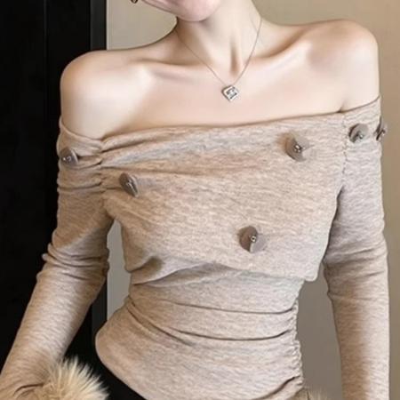 FA54398# 一字肩上衣女冬季气质高级感修身显瘦褶皱百搭毛绒T恤  服裝批發女裝批發服飾貨源