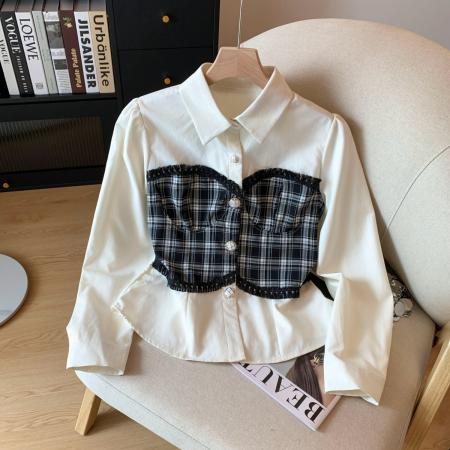 FA54401# 设计感撞色格子拼接假两件翻领长袖衬衫女秋收腰上衣  服裝批發女裝批發服飾貨源