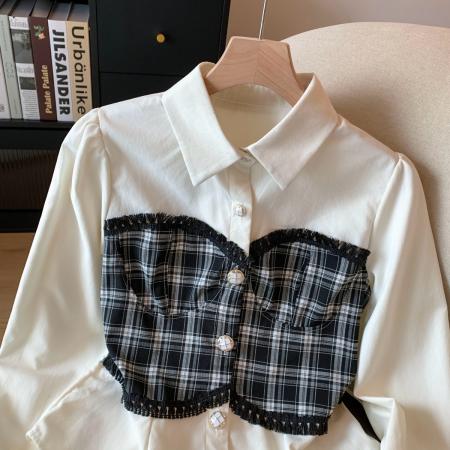 FA54401# 设计感撞色格子拼接假两件翻领长袖衬衫女秋收腰上衣  服裝批發女裝批發服飾貨源