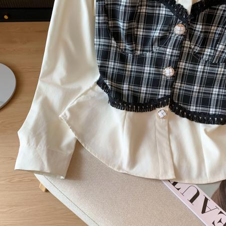 FA54401# 设计感撞色格子拼接假两件翻领长袖衬衫女秋收腰上衣  服裝批發女裝批發服飾貨源