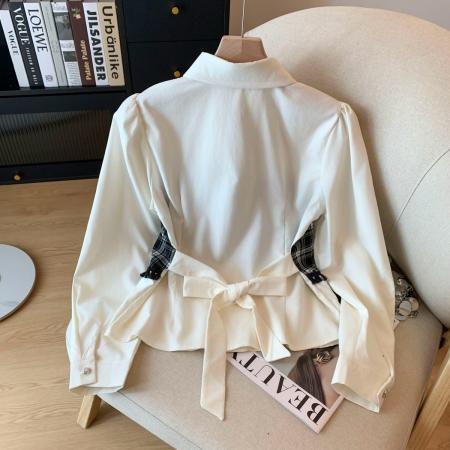 FA54401# 设计感撞色格子拼接假两件翻领长袖衬衫女秋收腰上衣  服裝批發女裝批發服飾貨源