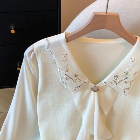 FA54402# 钉珠娃娃领雪纺长袖针织衫女秋季时尚洋气蕾丝拼接打底衫上衣  服裝批發女裝批發服飾貨源