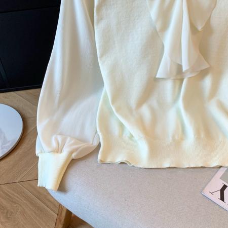 FA54402# 钉珠娃娃领雪纺长袖针织衫女秋季时尚洋气蕾丝拼接打底衫上衣  服裝批發女裝批發服飾貨源