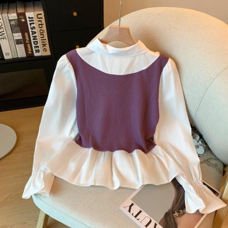 FA54403# 秋冬季减龄百搭不规则设计花边拼接紫色假两件上衣  服裝批發女裝批發服飾貨源