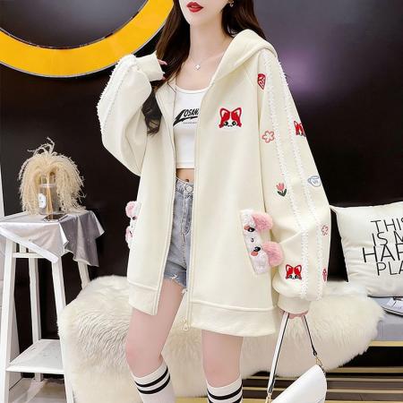 FA54405# 纯棉华棉薄款复牛奶丝秋冬宽松刺绣连帽卫衣外套  服裝批發女裝批發服飾貨源