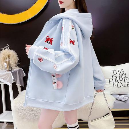 FA54405# 纯棉华棉薄款复牛奶丝秋冬宽松刺绣连帽卫衣外套  服裝批發女裝批發服飾貨源