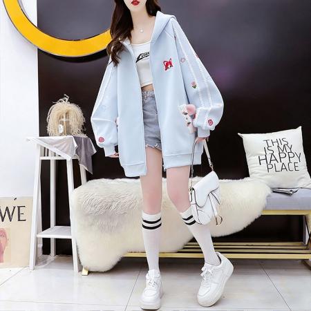 FA54405# 纯棉华棉薄款复牛奶丝秋冬宽松刺绣连帽卫衣外套  服裝批發女裝批發服飾貨源