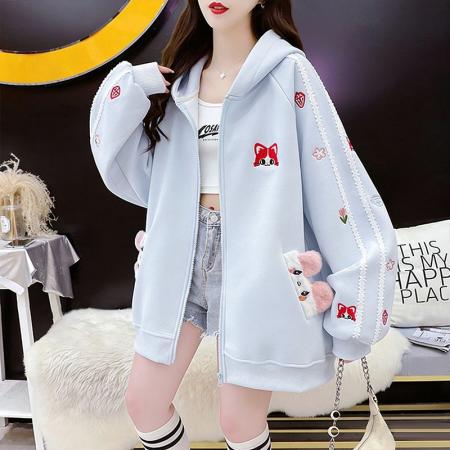 FA54405# 纯棉华棉薄款复牛奶丝秋冬宽松刺绣连帽卫衣外套  服裝批發女裝批發服飾貨源