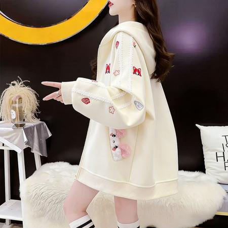 FA54405# 纯棉华棉薄款复牛奶丝秋冬宽松刺绣连帽卫衣外套  服裝批發女裝批發服飾貨源