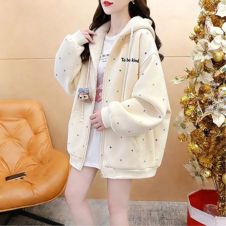 FA54406# 华棉薄款复牛奶丝秋冬季宽松波点连帽外套  服裝批發女裝批發服飾貨源