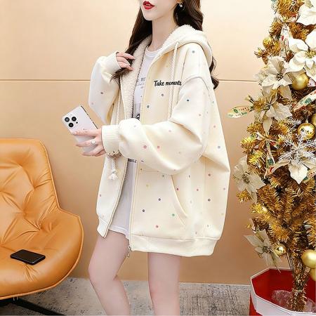 FA54406# 华棉薄款复牛奶丝秋冬季宽松波点连帽外套  服裝批發女裝批發服飾貨源