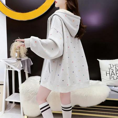 FA54406# 华棉薄款复牛奶丝秋冬季宽松波点连帽外套  服裝批發女裝批發服飾貨源