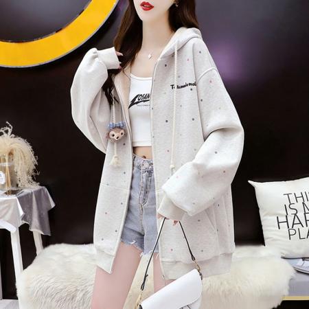 FA54406# 华棉薄款复牛奶丝秋冬季宽松波点连帽外套  服裝批發女裝批發服飾貨源