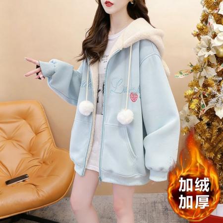 FA54407# 鱼粼复合米粒绒秋冬加绒加厚宽松毛绒连帽卫衣外套  服裝批發女裝批發服飾貨源