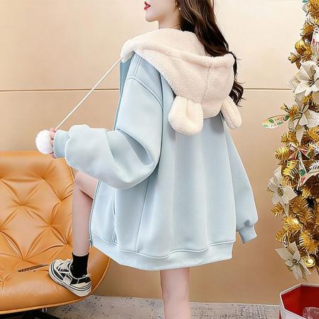 FA54407# 鱼粼复合米粒绒秋冬加绒加厚宽松毛绒连帽卫衣外套  服裝批發女裝批發服飾貨源