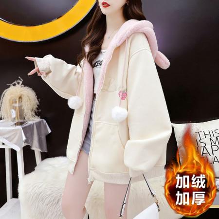 FA54407# 鱼粼复合米粒绒秋冬加绒加厚宽松毛绒连帽卫衣外套  服裝批發女裝批發服飾貨源