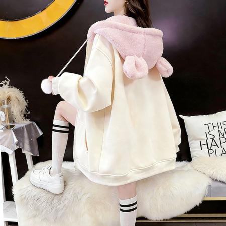 FA54407# 鱼粼复合米粒绒秋冬加绒加厚宽松毛绒连帽卫衣外套  服裝批發女裝批發服飾貨源