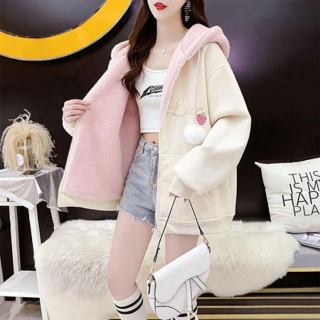 FA54407# 鱼粼复合米粒绒秋冬加绒加厚宽松毛绒连帽卫衣外套  服裝批發女裝批發服飾貨源