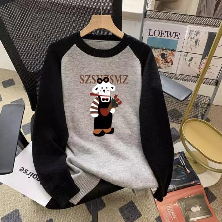 FA54409# 毛衣印花大码插肩袖秋冬新款宽松圆领针织男女同款  服裝批發女裝批發服飾貨源