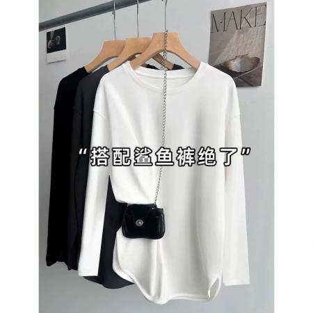 FA54411# 棉搭配鲨鱼裤显瘦长袖T恤女春秋大码宽松中长款打底衫上衣  服裝批發女裝批發服飾貨源