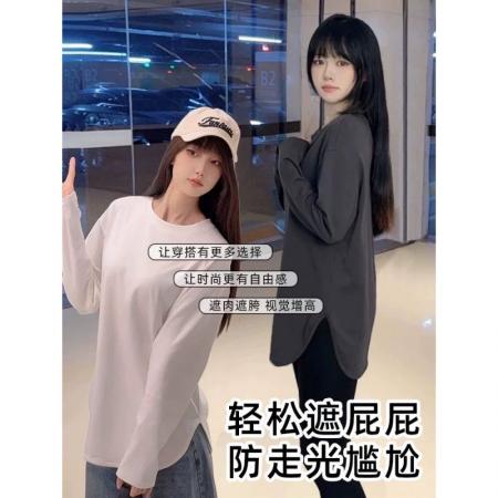 FA54411# 棉搭配鲨鱼裤显瘦长袖T恤女春秋大码宽松中长款打底衫上衣  服裝批發女裝批發服飾貨源
