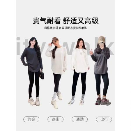 FA54411# 棉搭配鲨鱼裤显瘦长袖T恤女春秋大码宽松中长款打底衫上衣  服裝批發女裝批發服飾貨源