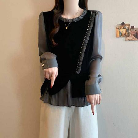 FA54413# 春季新款大码时尚气质丝绒拼接木耳边显瘦假两件衬衫上衣  服裝批發女裝批發服飾貨源