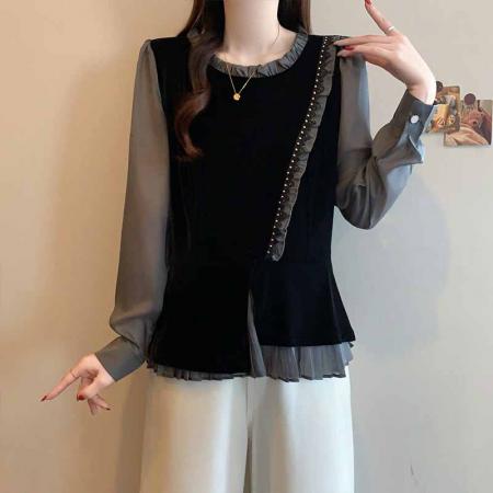 FA54413# 春季新款大码时尚气质丝绒拼接木耳边显瘦假两件衬衫上衣  服裝批發女裝批發服飾貨源