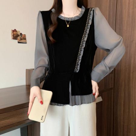 FA54413# 春季新款大码时尚气质丝绒拼接木耳边显瘦假两件衬衫上衣  服裝批發女裝批發服飾貨源