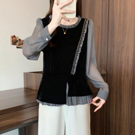 FA54413# 春季新款大码时尚气质丝绒拼接木耳边显瘦假两件衬衫上衣  服裝批發女裝批發服飾貨源