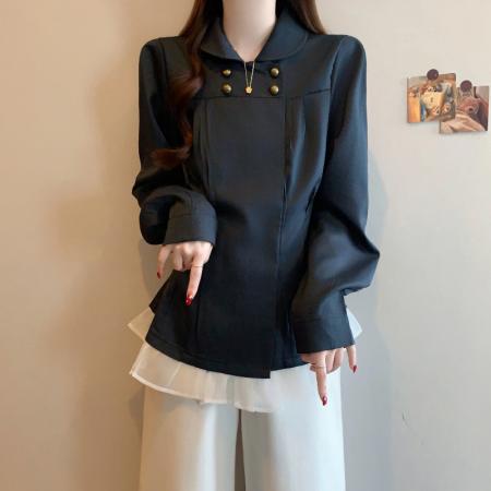FA54414# 春新款大码时尚小香风设计双排扣荷叶边收腰显瘦衬衫上衣  服裝批發女裝批發服飾貨源