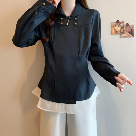 FA54414# 春新款大码时尚小香风设计双排扣荷叶边收腰显瘦衬衫上衣  服裝批發女裝批發服飾貨源