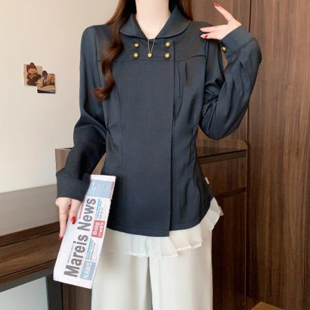 FA54414# 春新款大码时尚小香风设计双排扣荷叶边收腰显瘦衬衫上衣  服裝批發女裝批發服飾貨源