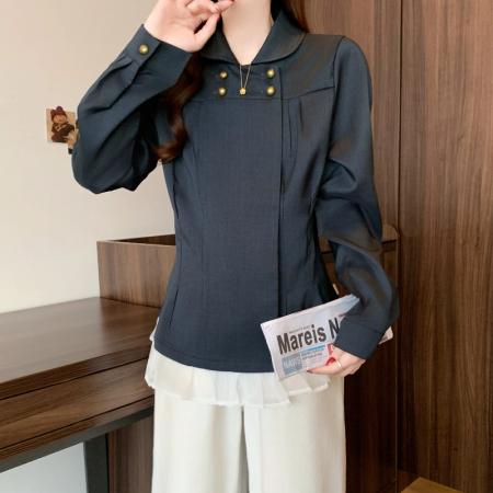 FA54414# 春新款大码时尚小香风设计双排扣荷叶边收腰显瘦衬衫上衣  服裝批發女裝批發服飾貨源