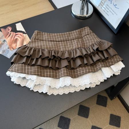 FA54416# 复古棕咖色格子蕾丝拼接半身裙女春季高腰显瘦蓬蓬短裙  服裝批發女裝批發服飾貨源